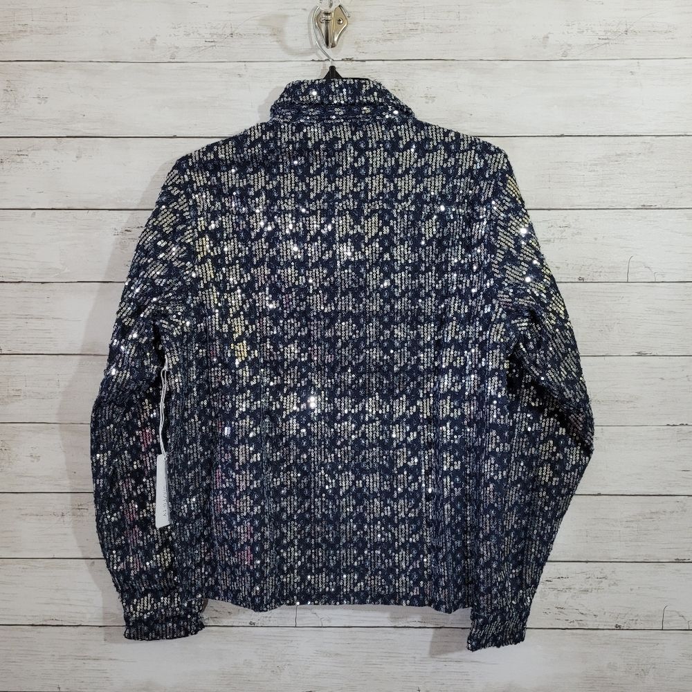 Boutique Denim Blue Jacket Silver Sequin Embellished Brass Button Raw Hem Sz XS - Picture 7 of 12